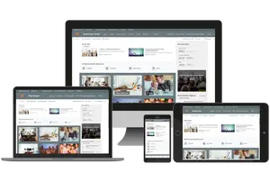 Das Bild zeigt einen Intranet SharePoint auf verschiedenen Geräten: Desktop, Laptop, Tablet und Smartphone.