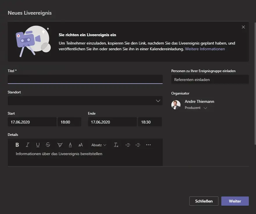 Ein Screenshot von Microsoft Teams zur Planung eines Liveereignisses.
