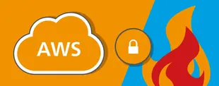 Das Bild zeigt eine AWS-Cloud, ein Schlosssymbol für Sicherheit und eine Flamme auf geteiltem orange-blauem Hintergrund.