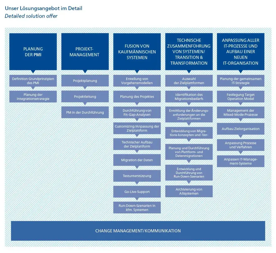 Das Bild zeigt eine detaillierte Übersicht eines Lösungsangebots mit Kategorien wie PMI-Planung, Projektmanagement, Systemfusion, IT-Transformation und Change Management.