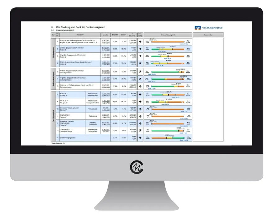 Ein Computerbildschirm zeigt eine Finanzanalyse mit Tabellen, Kennzahlen und Balkendiagrammen zum Bankenvergleich, dargestellt als digitaler Bericht.