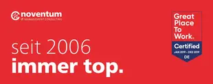 Rotes Banner mit noventum-Logo, „seit 2006 immer top.“ und „Great Place to Work“-Zertifizierung für Jan 2019–Dez 2019 in Deutschland.