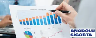 Das Bild zeigt eine Person, die mit einem Stift auf ein Diagramm mit Balken und Kreisgrafiken zeigt, dazu das Logo von Anadolu Sigorta.