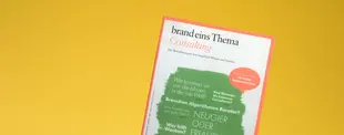 Ein Magazin mit dem Titel „brand eins Thema Consulting“ steht schräg vor einem gelben Hintergrund. Auf dem Cover sind Fragen zur Beratungsbranche abgedruckt.