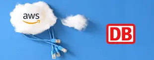 Das Bild DB AWS Cloud zeigt das AWS Logo auf einer Wattewolke und Kabel und daneben das DB Logo.