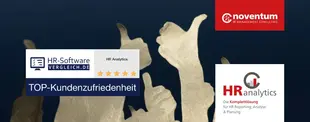 Das Bild zeigt das noventum- und HR analytics-Logo mit einer 5-Sterne-Bewertung für „TOP-Kundenzufriedenheit“ von HR-Softwarevergleich.de vor Daumen-hoch-Grafiken.