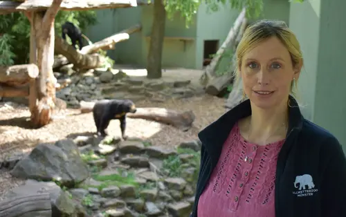 Foto von Simone Schehka. Im Hintergrund Lippenbären in einem Gehege des Allwetterzoo Münsters.