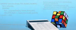 Ein Taschenrechner und ein unvollständig gelöster Zauberwürfel liegen vor blauem Hintergrund. Darüber sind komplexe Formeln und Code in transparenter Schrift zu sehen.