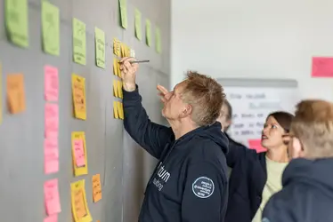 Ein Workshop mit mehreren Personen, die Ideen auf bunte Haftnotizen schreiben und an einer Wand anbringen, um Konzepte zu strukturieren und gemeinsam weiterzuentwickeln.