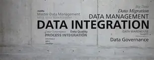 Das Bild zeigt Begriffe rund um Data Integration, Data Management und Data Governance in verschiedenen Größen und Schriftarten auf einer Betonwand.