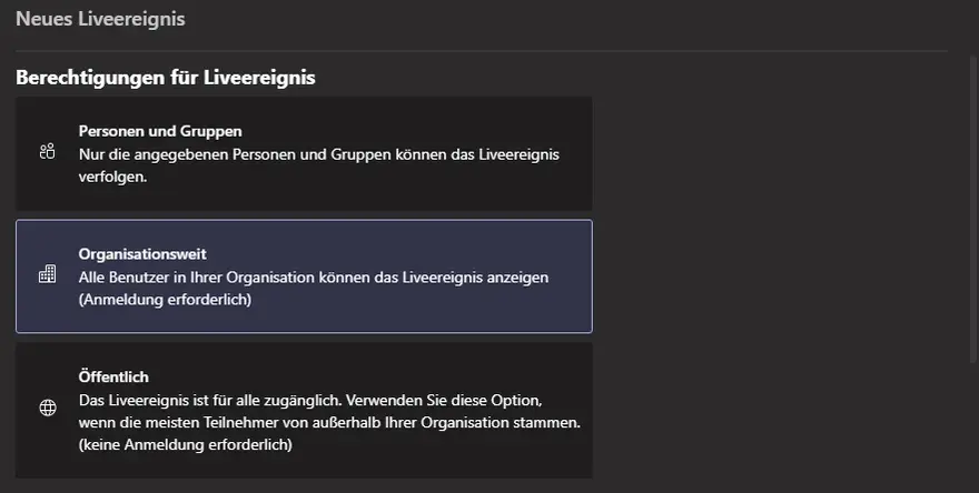 Ein Screenshot von Microsoft Teams zur Planung eines Liveereignisses.