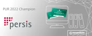 Das Bild zeigt das Persis-Logo mit der Auszeichnung „PUR 2022 Champion“. Rechts sind ein Monitor mit Awards und das noventum-Logo abgebildet.