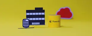 Papierausschnitte eines Gebäudes, eines Servers und einer Power BI-Datenbank auf gelbem Hintergrund, mit einer stilisierten roten Cloud im Hintergrund.