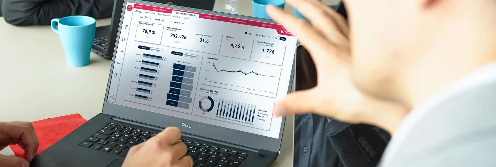 Ein Laptop zeigt ein HR-Analytics-Dashboard mit Diagrammen und Kennzahlen. Eine Person deutet mit der Hand auf den Bildschirm, während eine andere darauf schaut.
