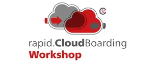 Ein Logo für „rapid.CloudBoarding Workshop“ mit zwei sich überschneidenden Wolken und Pfeilen, die Cloud-Migration und digitale Transformation symbolisieren.