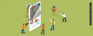Eine isometrische Illustration zeigt Personen, die Software-Bugs auf einem Smartphone mit Lupen, Netzen und Werkzeugen suchen und entfernen.