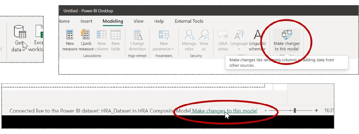 Das Bild zeigt Screenshots aus Power BI Desktop mit hervorgehobenen Optionen zur Modellbearbeitung, darunter „Make changes to this model“ in der Menüleiste und Fußzeile.