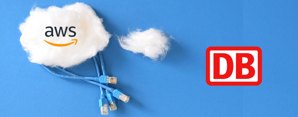 Das Bild DB AWS Cloud zeigt das AWS Logo auf einer Wattewolke und Kabel und daneben das DB Logo.