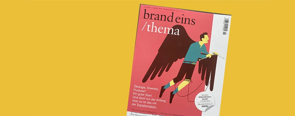 Das Bild zeigt das Magazin brand eins /thema auf gelbem Hintergrund. Das Cover zeigt eine Illustration eines Mannes mit Flügeln, die er selbst strickt.