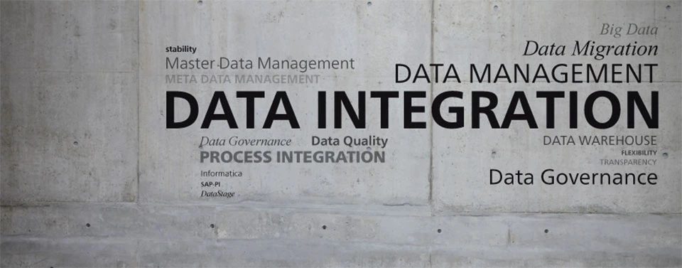 Das Bild zeigt Begriffe rund um Data Integration, Data Management und Data Governance in verschiedenen Größen und Schriftarten auf einer Betonwand.