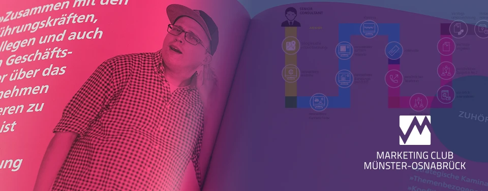 Marketing-Club Münster-Osnabrück: Bild eines Magazins mit farbiger Grafik und Text, überlagert von einem Foto eines Mannes mit Brille und Kappe im pinken Licht.