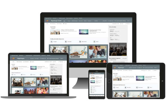 Das Bild zeigt einen Intranet SharePoint auf verschiedenen Geräten: Desktop, Laptop, Tablet und Smartphone.