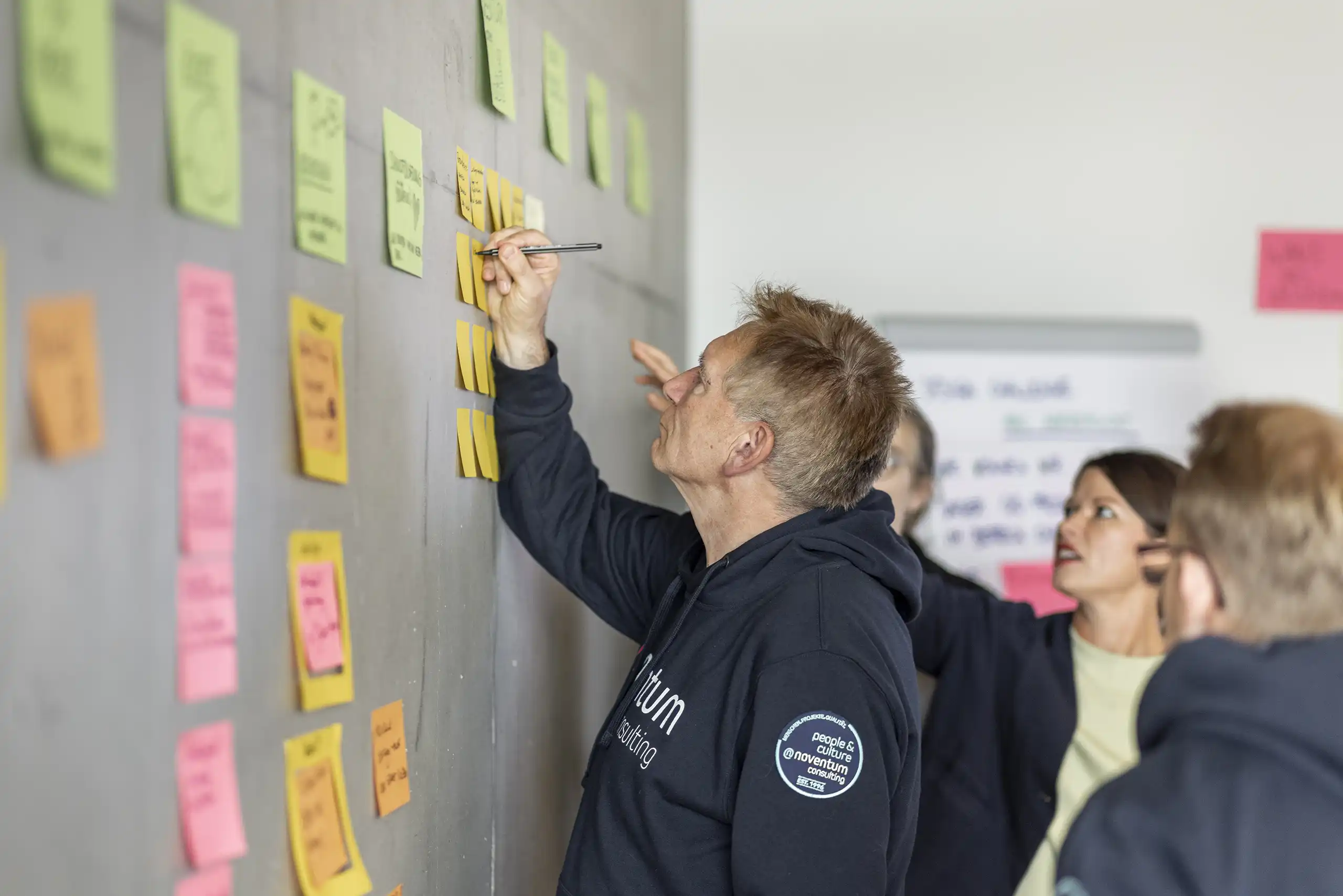 Ein Workshop mit mehreren Personen, die Ideen auf bunte Haftnotizen schreiben und an einer Wand anbringen, um Konzepte zu strukturieren und gemeinsam weiterzuentwickeln.
