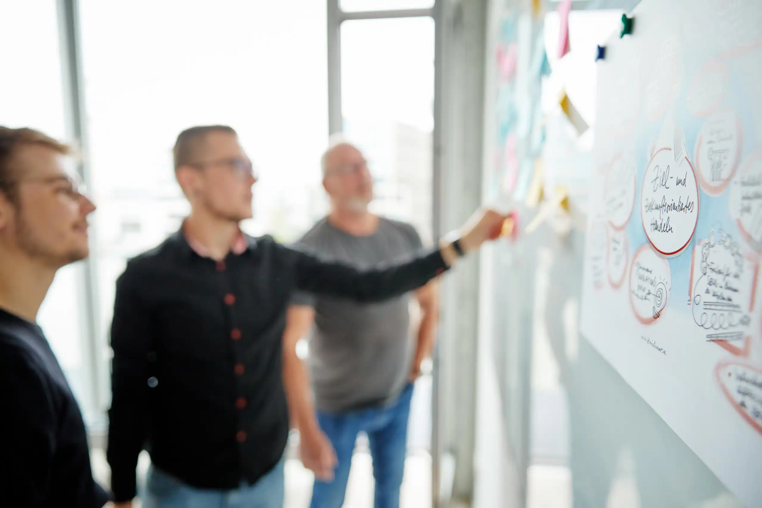 Drei Personen stehen vor einem Whiteboard mit Diagrammen und Notizen. Eine Person zeigt auf einen Punkt, während die anderen aufmerksam zuhören.
