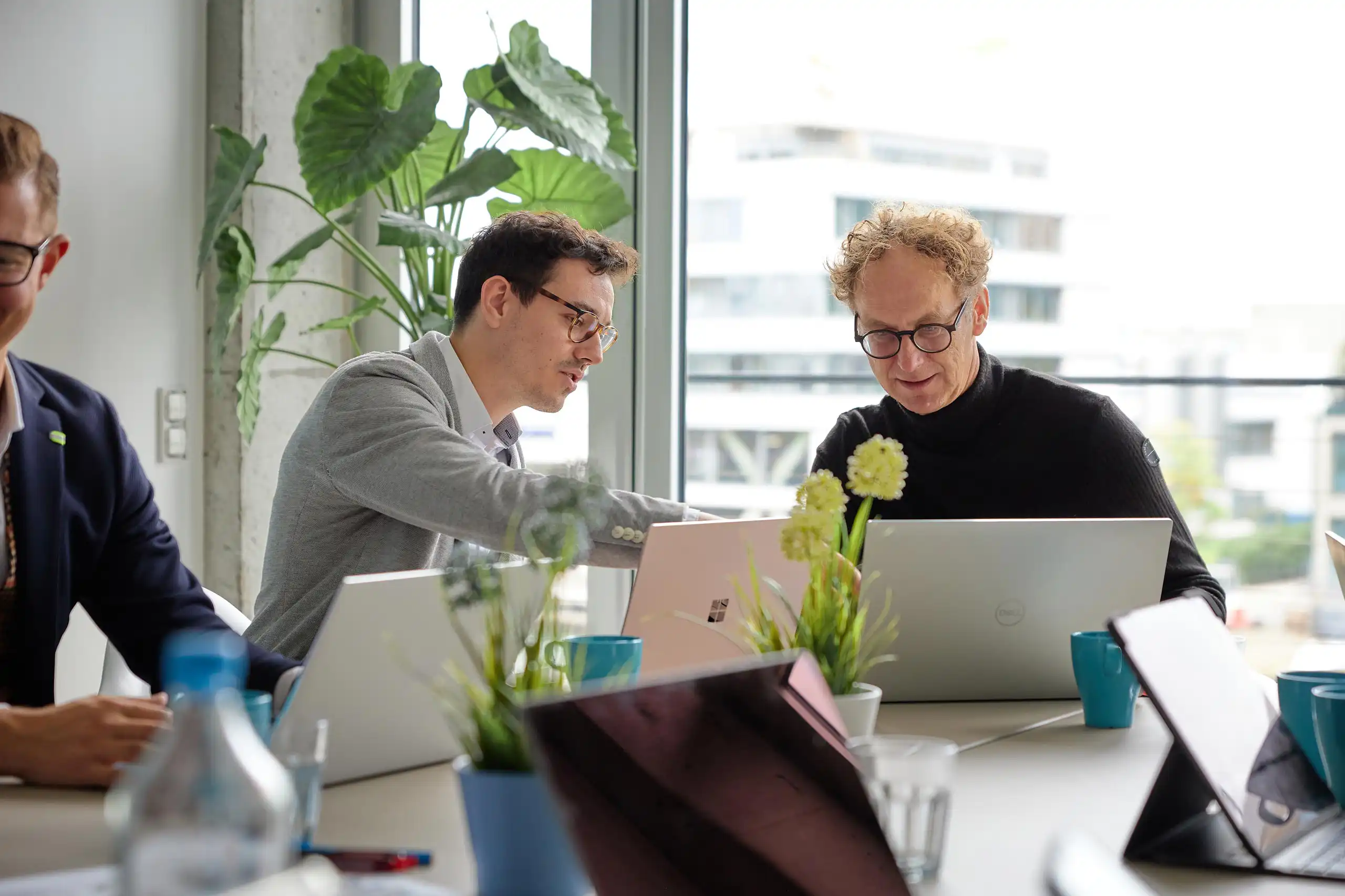 Zwei Männer arbeiten an Laptops in einem modernen Büro mit großen Fenstern und Pflanzen. Einer zeigt auf den Bildschirm, während der andere konzentriert zuhört.