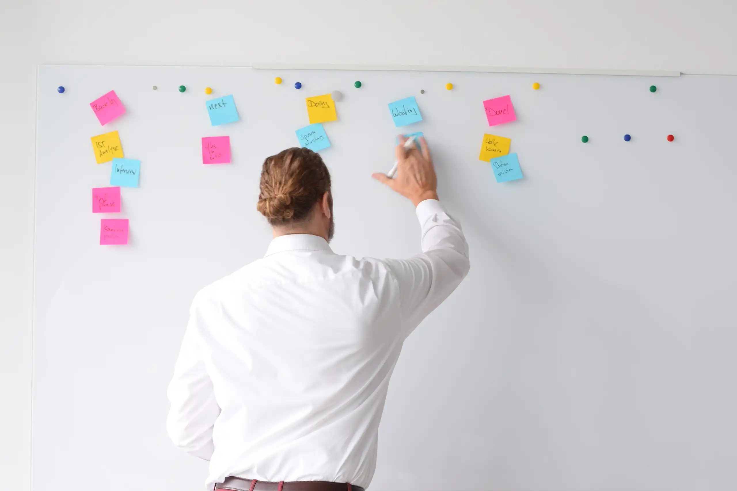 Ein Mann in weißem Hemd steht vor einem Whiteboard und ordnet bunte Haftnotizen, die mit Magneten befestigt sind, während er mit einem Stift etwas ergänzt.